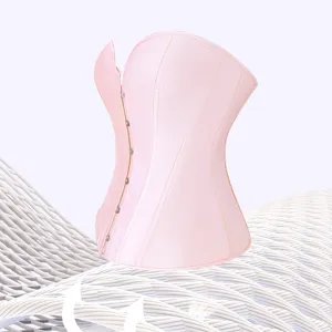 Pink satin corset waist trainer with steel busk closures for slim shaping and support.