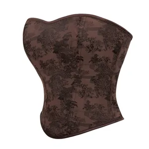 Brown printed corset top for women, strapless vintage style bustier shapewear for daily wear.