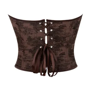 Brown printed women's vintage corset top with lace-up back and metal grommets for styling.