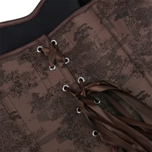 Retro brown printed women's corset bustier top, vintage court style lace-up shaping wear.
