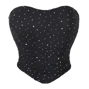 Women's Sexy Strapless Tube Top Mesh Rhinestone Decorated Slim Fit Corset Shapewear Party Clubwear Top