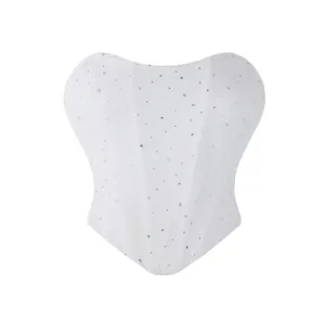 Women white mesh rhinestone strapless corset sexy bustier breathable shapewear top