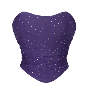 Women purple rhinestone mesh strapless corset top sexy slim fit party clubwear tube top