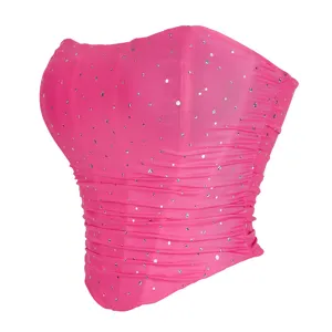Hot pink mesh strapless tube top sexy women corset breathable slim fit fashion party apparel