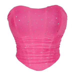 Pink rhinestone strapless corset top for women, sexy mesh bustier party wear apparel.