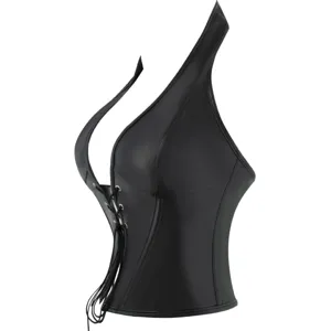 Black faux leather halter open bust corset top, lace-up front gothic body shaper.