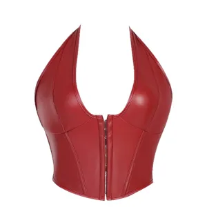 Red faux leather halter corset top for women, stylish strapless bustier with front hooks.