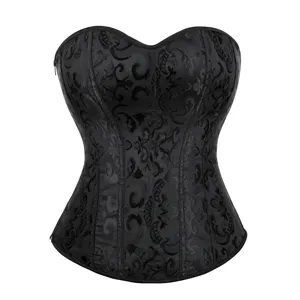 Black gothic renaissance corset top featuring elegant floral damask pattern and structured boning.