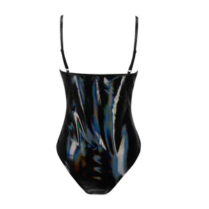 Black glossy holographic camisole bodysuit sexy slim fit sleeveless one-piece clubwear