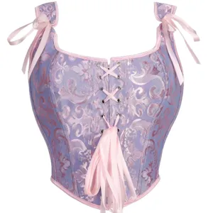 Elegantes lila Jacquard Korsett Oberteil mit rosa Schleifenbändern und Schnürung.