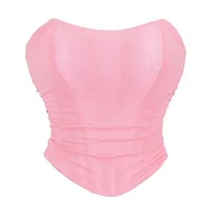Pink mesh strapless bustier corset top, sexy slim fit ruched shaping lingerie detail view.
