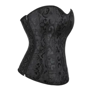 Black jacquard corset top with side zipper and bone support for women shaping waist.