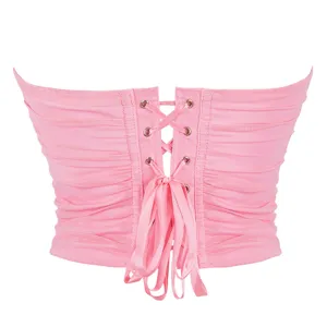 Detailed view of pink mesh strapless corset top with satin ribbon lace-up back design.