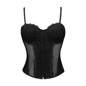 Sexy zwarte kanten korset bustier top voor dames, transparante mesh gevormde body shaping top.