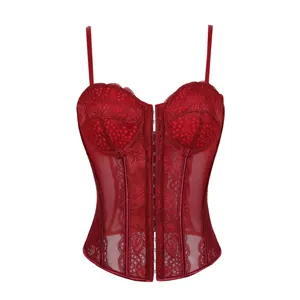 Rood kant mesh korset bustier top voor vrouwen, sexy visbeen shaping ondergoed.