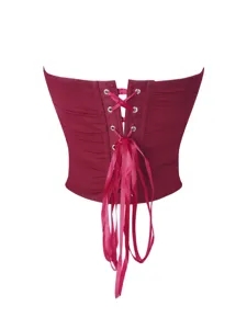 Wine red strapless corset top detail, back lace-up satin ribbon design with metal eyelets.