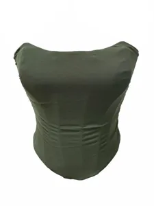 Green mesh bustier corset top detail view, breathable fabric and stretch slimming shape.
