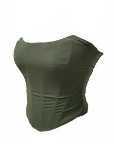 Army green breathable mesh corset tube top detail, sexy strapless shaping top texture view.