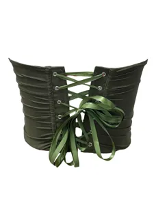 Dark green corset detail, back view lacing, breathable mesh waist trainer for women.