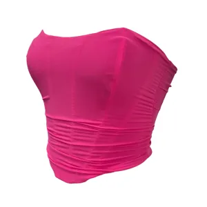 Pink strapless mesh bustier top, breathable elastic ruched corset for women party clubwear.