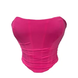 Pink mesh strapless corset top, breathable elastic bustier shapewear for women fashion.
