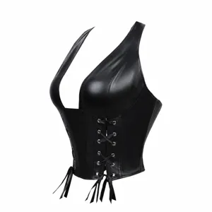 Women Sexy Polyester Faux Leather Corset Top Halter V Neck Lace Up Backless Body Shaping Bustier Party Vest