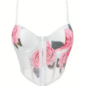 Women's Sexy Sheer Mesh Floral Print Corset Top Bone Shaping Slim Camisole