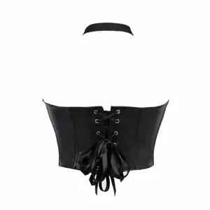 Black halter corset top for women, faux leather bustier with lace-up back design for party club.