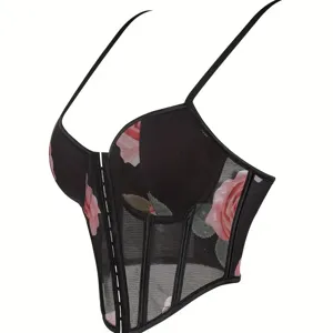 Black floral mesh corset top with spaghetti straps and boning for a sexy fitted look.