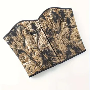 Vintage baroque print corset top for women, elegant black and gold bustier shaping underwear.