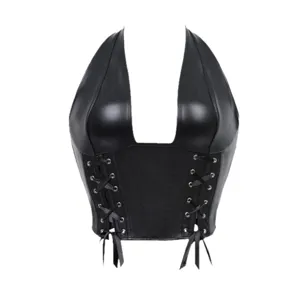 Black halter faux leather corset top, chic lace-up bustier shaping top for women.