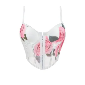 White floral mesh corset top sexy sheer camisole with boning and spaghetti straps