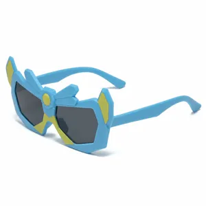 Kids blue robot theme sunglasses with cool yellow geometric decor and UV protection lenses.