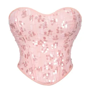Damen Sexy Pailletten Trägerloses Bustier Korsett Top Herz-Ausschnitt Formendes Crop Top Party Clubwear Polyester
