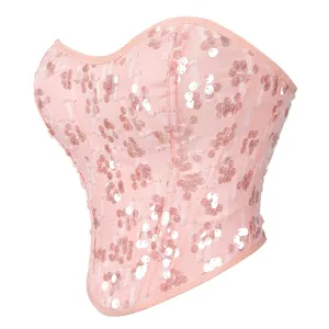 Rosa Pailletten Korsett Top für Damen, trägerlose Push-up Corsage Clubwear.