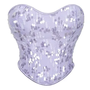 Damen glitzernd Pailletten trägerlos Korsett Oberteil hellviolett Party Clubwear Top