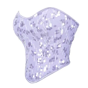 Lavendel Pailletten Korsett Top, trägerloses Bustier sexy Party Clubwear für Damen.