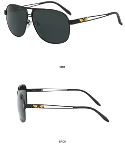Detailed view of men's metal pilot polarized sunglasses in black with gold side wings.
