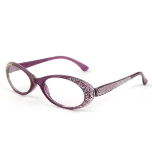 Lunettes de lecture anti-lumière bleue strass pour femmes, élégante monture violette.