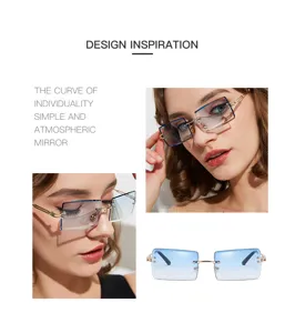 Détails de lunettes de soleil sans monture dégradées élégantes avec cadre en métal doré.