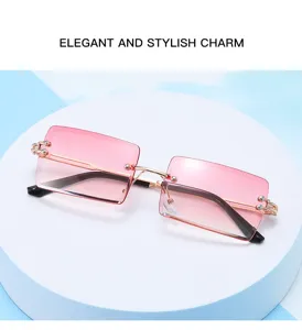 Vue détaillée de lunettes de soleil roses sans monture dégradées avec charnières en métal.