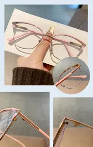 Nahaufnahme der rosa-goldenen Katzenaugen-Blaulichtschutzbrille mit filigranen Scharnieren.