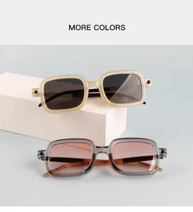 Detail shot of trendy square frame sunglasses featuring multi-color options and UV protection.