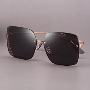 Oversized square women sunglasses with hollow geometric grid sides and gold bridge.