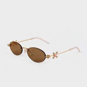 Fashion Rimless Oval Metal Sunglasses Women Streetwear Vintage Sun Glasses Luxury Rhinestone Cross Eyewear