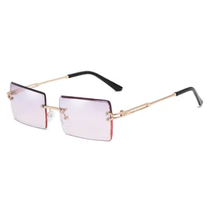Lunettes de soleil sans monture roses dégradées chic avec branches métalliques dorées.