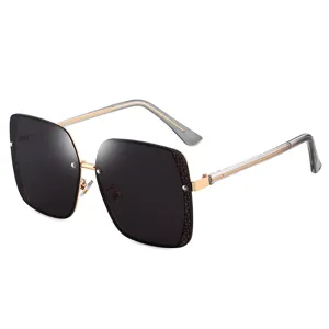 Women's oversized square sunglasses with stylish grid edge and gold frame for outdoor UV protection.