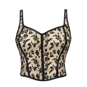 Beige floral corset top for women, sweetheart neckline, boned vintage crop bustier.