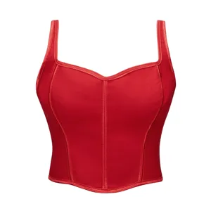 Red corset top for women, sexy bustier crop top with boning, stylish court style streetwear.