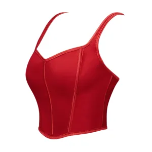 Red crop corset top with boning support, sexy bustier sleeveless streetwear for women.